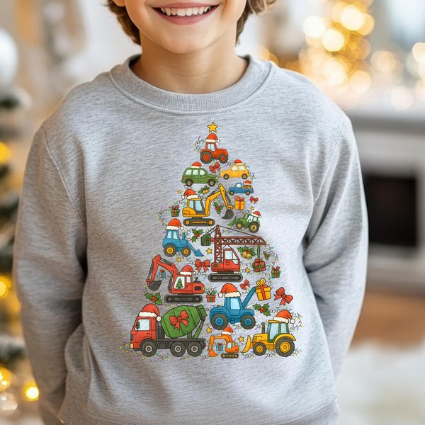 Bluza z choinką dla ciężarówek, dziecięca koszulka z koparką, bluza świąteczna dla chłopca z ciężarówką, świąteczny sweter dla dzieci, koszulka z choinką