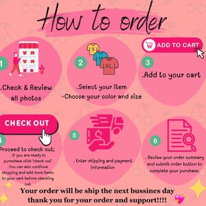 May include: Pink infographic titled "How to order" with numbered steps. Includes icons for checking photos, selecting items, adding to cart, checking out, entering payment, and reviewing orders. Text includes "Add to Cart" and "Check Out".