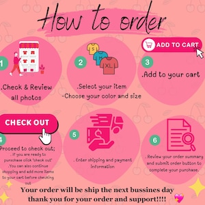 Puede incluir: Infograf&iacute;a rosa titulada "C&oacute;mo ordenar" con seis pasos. Incluye ilustraciones de una tienda, camisetas, un carrito de compras, un bot&oacute;n de pago, un cami&oacute;n y una lupa. El texto incluye "A&ntilde;adir al carrito" y "Pagar".
