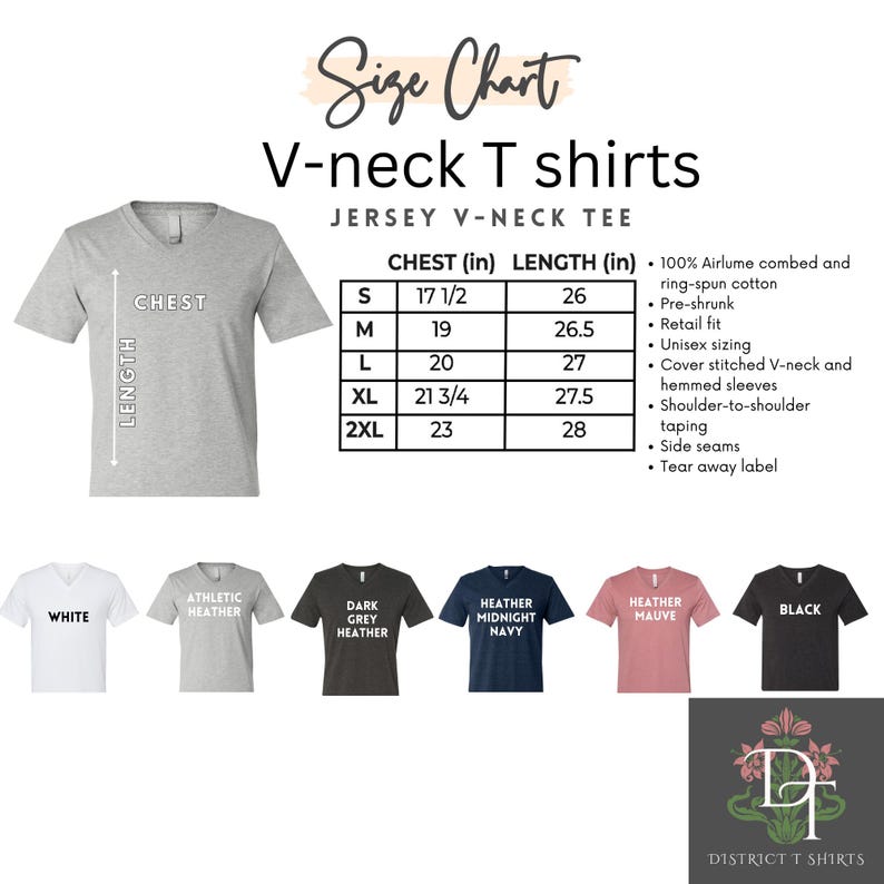 Puede incluir: Una tabla de tallas para camisetas con cuello en V, con medidas de pecho y largo en pulgadas. La tabla incluye tallas de la S a la 2XL. A continuaci&oacute;n, ejemplos de los colores de la camisa: blanco, athletic heather, dark grey heather, heather midnight navy, heather mauve y negro.