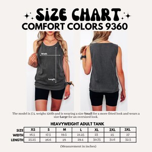 May include: Size chart for a heavyweight adult tank top. The chart includes measurements in inches for width and length, ranging from XS to 3XL. The image also shows a model wearing the tank top, with the text "COMFORT COLORS 9360".