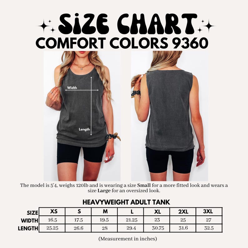 May include: Size chart for a heavyweight adult tank top. The chart includes measurements in inches for width and length, ranging from XS to 3XL. The image also shows a model wearing the tank top, with the text "COMFORT COLORS 9360".