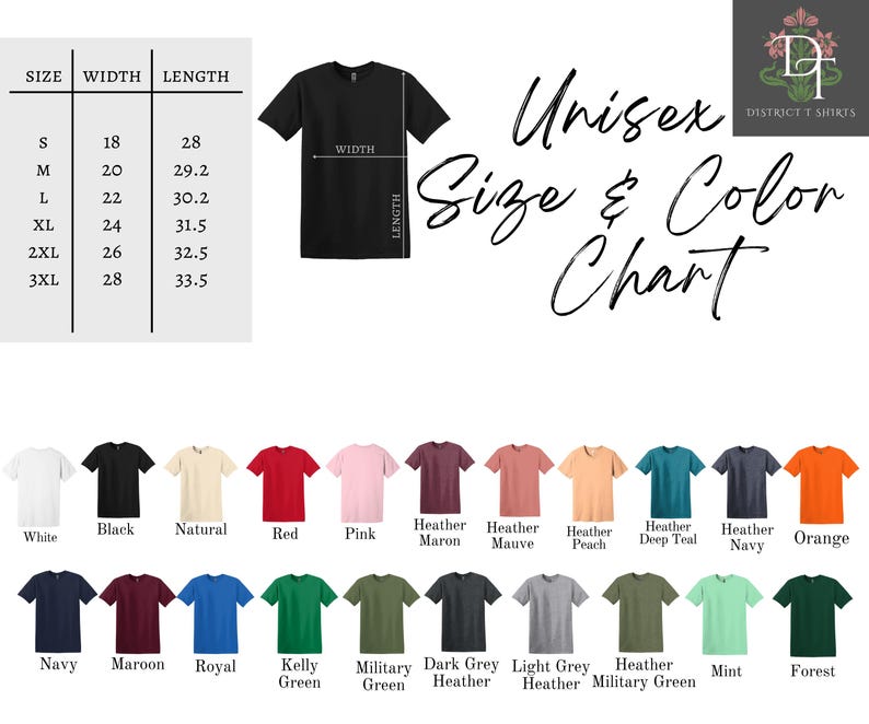 May include: Unisex t-shirt size and color chart with a black t-shirt mockup. The chart shows sizes from S to 3XL with corresponding width and length measurements in inches. The color chart shows 18 different t-shirt colors, including white, black, natural, red, pink, heather maroon, heather mauve, heather peach, heather deep teal, heather navy, orange, navy, maroon, royal, kelly green, military green, dark grey heather, light grey heather, heather military green, mint, and forest.