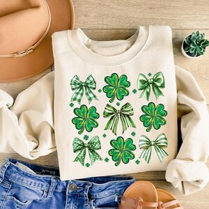 Coquette St. Patrick&#39;s Day Bow Sweatshirt, Shamrock Bow Tee, Lucky Clover Sweater, St. Patty&#39;s Day Shirt, Irish sweatshirt,Womens sweatshirt