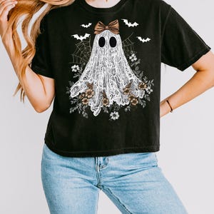 Halloween Lace Ghost T shirt,Spooky Coquette Shirt,Girly Ghost Orange Bow T Shirt,Lacey Ghost Tee, Spooky Season Top Outfit,Cute Ghost Shirt