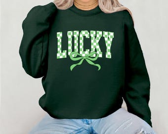 Retro Checkered Lucky St Patrick's Day Coquette Sweatshirt, St Patricks day Shirt, Lucky Shirt, Trendy sweatshirt, St Patrick Sweatshirt