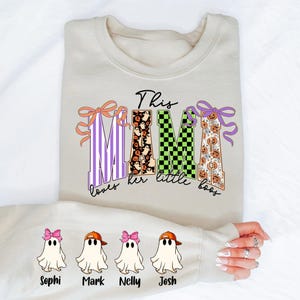 Custom Halloween Spooky Mama Sweatshirt with Kids Name on Sleeve Sweatshirt, Cool Mama Halloween Hoodie, Mama Halloween Gift,Custom Mama