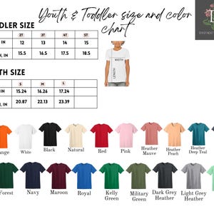 Puede incluir: Una tabla de tallas y colores para camisetas juveniles y para ni&ntilde;os peque&ntilde;os. La tabla incluye medidas en pulgadas para el ancho y el largo, junto con una paleta de colores con naranja, blanco, negro y otros colores.