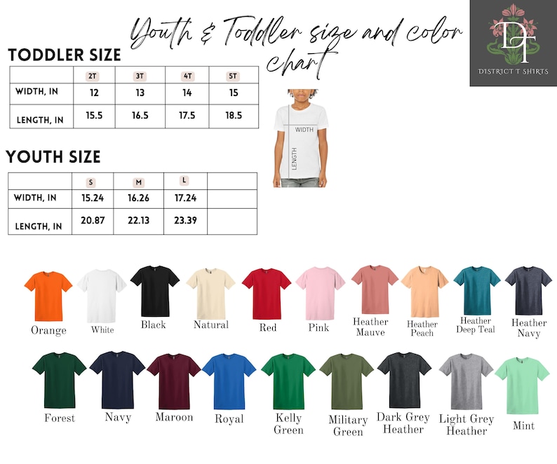 Puede incluir: Una tabla de tallas y colores para camisetas juveniles y para ni&ntilde;os peque&ntilde;os. La tabla incluye medidas en pulgadas para el ancho y el largo, junto con una paleta de colores con naranja, blanco, negro y otros colores.