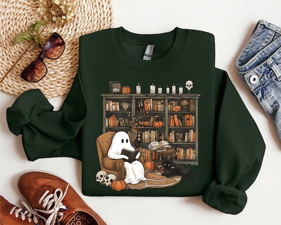 Ghost Reading Books Sweatshirt, Librarian Ghost Halloween, Halloween Teacher Sweatshirt, Retro sweatshirt, Book Lover Halloween GiftSweater,