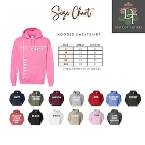 May include: A pink hooded sweatshirt with a size chart showing chest and length measurements in inches. The chart lists sizes S to 2XL. Below are color options: navy, military green, maroon, sport grey, red, caroline blue, forest, heather sport scarlet red, black, white, sand, pink, and dark grey heather.