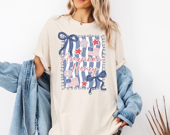 Comfort Colors® American Honey Flag Bows Coquette Shirt,4th of July Patriotic TShirt,American Tee,Summer America Shirt Red White Blue Shirt