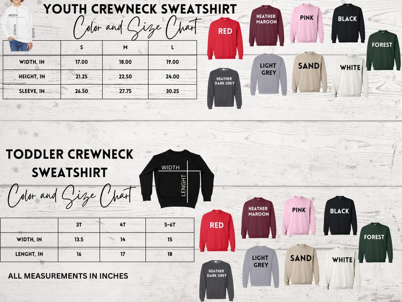 a chart showing the size and measurements of a youth crew neck sweatshirt