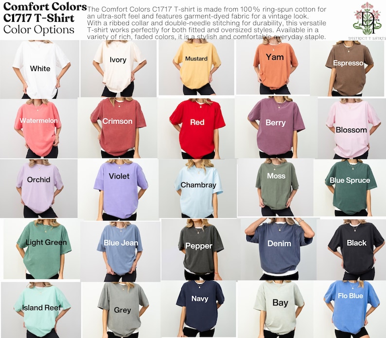 Pode incluir: Uma variedade de camisetas Comfort Colors C1717 em v&aacute;rias cores: branco, marfim, mostarda, inhame, expresso, melancia, carmesim, vermelho, baga, flor, orqu&iacute;dea, violeta, chambray, musgo, abeto azul, verde claro, azul jeans, pimenta, ganga, preto, azul flo, recife da ilha, cinza, marinho e ba&iacute;a.