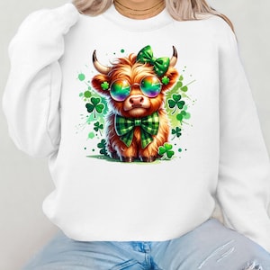 Lucky Highland Cow St. Patrick&#39;s Day Sweatshirt, Shamrock Cow Tee, Cute Irish Cow Shirt, St. Paddy’s Day Gift, Irish long sleeve Shirt,