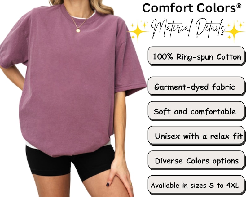 Pode incluir: Uma camiseta Comfort Colors malva com mangas curtas e um ajuste descontra&iacute;do. A camisa &eacute; feita de 100% algod&atilde;o ring-spun e tecido tingido em pe&ccedil;a. A imagem tamb&eacute;m mostra os detalhes do material, macio e confort&aacute;vel, unissex, tamanhos S a 4XL.