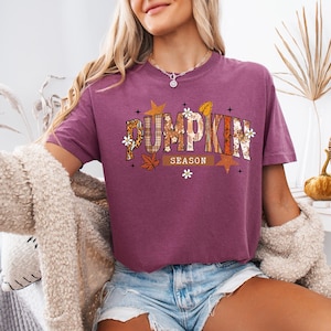 Pu&ograve; includere: Una maglietta bordeaux con la scritta "PUMPKIN SEASON" in un design a tema autunnale. Le lettere sono decorate con stampa leopardata, quadri e motivi floreali. La maglietta ha maniche corte e girocollo.