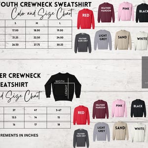 May include: A colour and size chart for youth and toddler crewneck sweatshirts. The chart includes measurements in inches for width, height, and sleeve length for youth sizes S, M, and L. Toddler sizes include 3T, 4T, and 5-6T. Available colours are red, heather maroon, pink, black, forest, heather dark grey, light grey, sand, white, and navy.