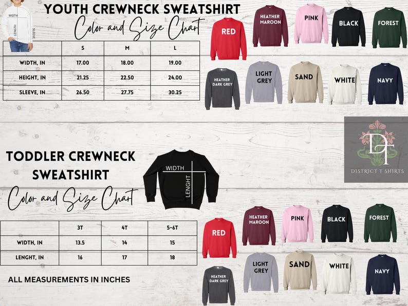 May include: A colour and size chart for youth and toddler crewneck sweatshirts. The chart includes measurements in inches for width, height, and sleeve length for youth sizes S, M, and L. Toddler sizes include 3T, 4T, and 5-6T. Available colours are red, heather maroon, pink, black, forest, heather dark grey, light grey, sand, white, and navy.