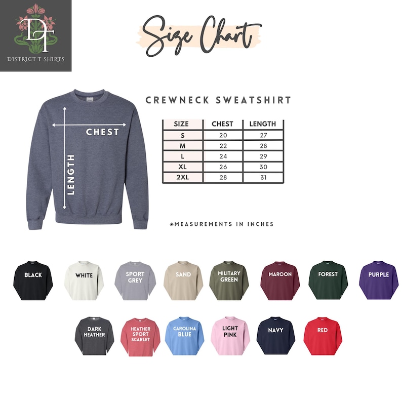 May include: A navy blue crewneck sweatshirt with a size chart. The chart shows chest and length measurements in inches for sizes S to 2XL. Colour options include black, white, sport grey, and more.