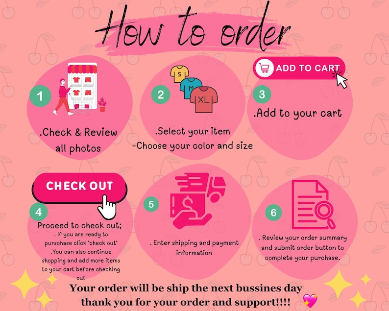 Pode incluir: Infogr&aacute;fico rosa intitulado "Como encomendar" com os passos 1-6. Inclui texto como "Verifique e reveja todas as fotos", "Selecione seu item", "Adicionar ao carrinho", "Finalizar compra", "Insira as informa&ccedil;&otilde;es de envio e pagamento" e "Revise o resumo do seu pedido".