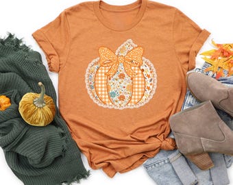 Fall Pumpkin Shirt, Cute Fall Tee, Pumpkin Fall T-Shirt, Coquette Bow Shirt, Pumpkin Bow Tshirt for Women, Cute Fall t shirt, lace pumpkin