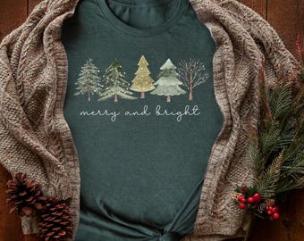 Alberi allegri e luminosi, maglietta natalizia da donna, maglietta festiva da donna, regalo di Natale, maglietta invernale, maglietta festiva carina, regalo di alberi di Natale carini