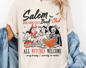 Salem Book Club Halloween Shirt, Comfort Colors, Spooky Girl Reading Shirt, Retro Halloween Tee, Witches Salem Shirt, Halloween Women's Tee