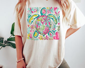 Comfort Color Shirt, Boho Floral Turtle Sweatshirt, Nautical Beach Shirt, Aesthetic Tee, Summer Beach Shirt, Cute Turtle Shirt, Women shirt