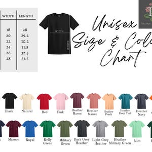 Puede incluir: Una tabla de tallas y colores para camisetas unisex. La tabla incluye medidas para las tallas S a 3XL, con ancho y largo en pulgadas. Se muestran una variedad de colores de camisa, incluyendo blanco, negro, rojo, rosa y azul marino.