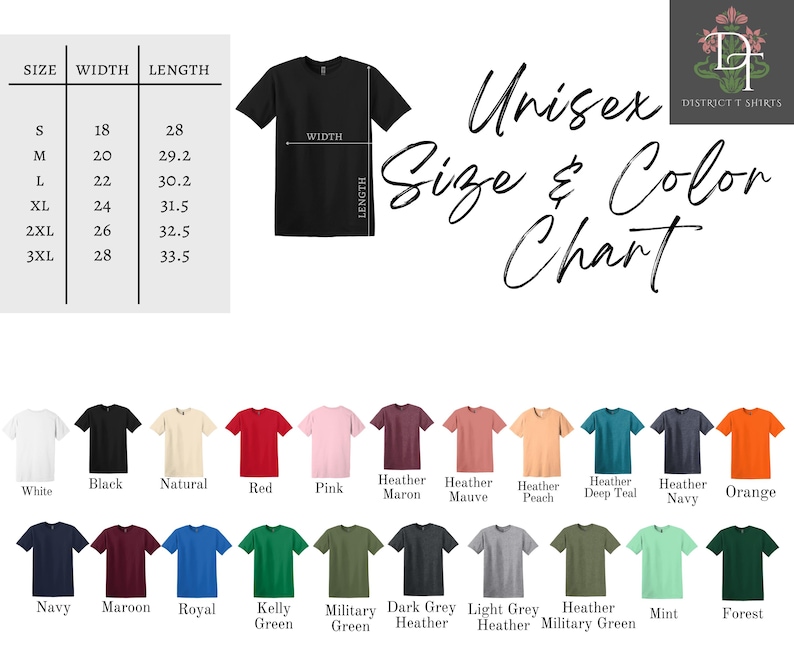 Puede incluir: Una tabla de tallas y colores para camisetas unisex. La tabla incluye medidas para las tallas S a 3XL, con ancho y largo en pulgadas. Se muestran una variedad de colores de camisa, incluyendo blanco, negro, rojo, rosa y azul marino.