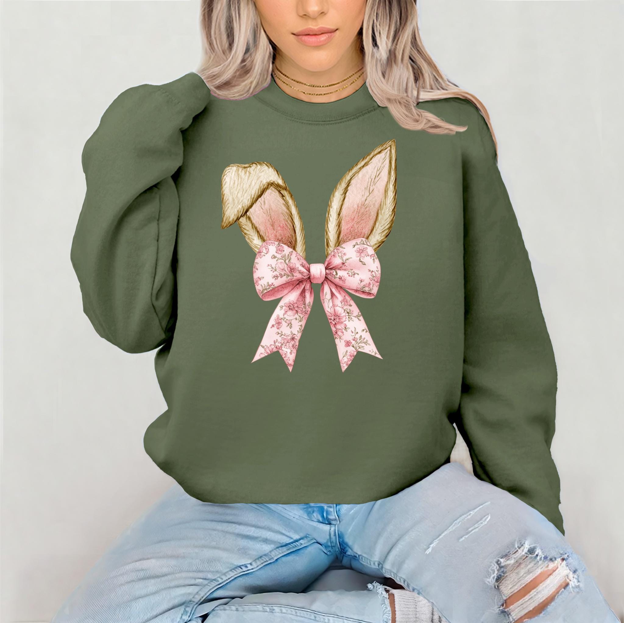Coquette Bunny Ears Sweatshirt – Cute Easter Bunny Shirt, Aesthetic Girl Spring Outfit, Rabbit Sweatshirt, Easter shirt, Trendy women shirt