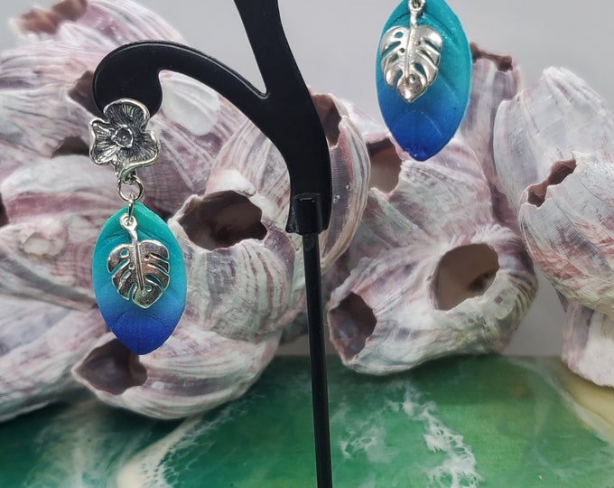 Featured listing image: Monstera Dangle Earrings with Blue and Green Ombre Leaf in Sterling Silver