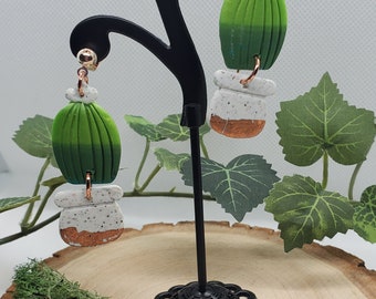 Pendientes de cactus de arcilla polimérica - redondos con maceta blanca y cobre