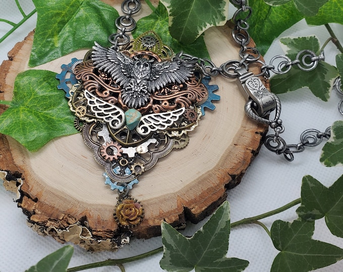 Featured listing image: Steampunk and Filigree Metal Owl Necklace with Turquoise