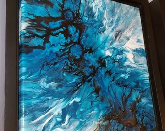 宇宙の再構築 - 虹の抽象的なアクリル絵の具の絵画 10x10、額入り