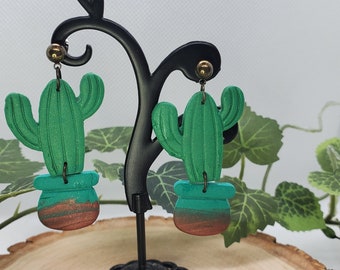 Aretes de Cactus de Arcilla Polimérica - Saguaro con maceta verde y cobre