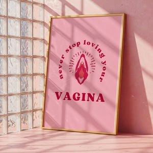 Never Stop Loving Your Vagina Pink Red Feminist Poster Female Empowerment Body Positivity Bathroom Self Love Pussy Clitoris Sexual Education