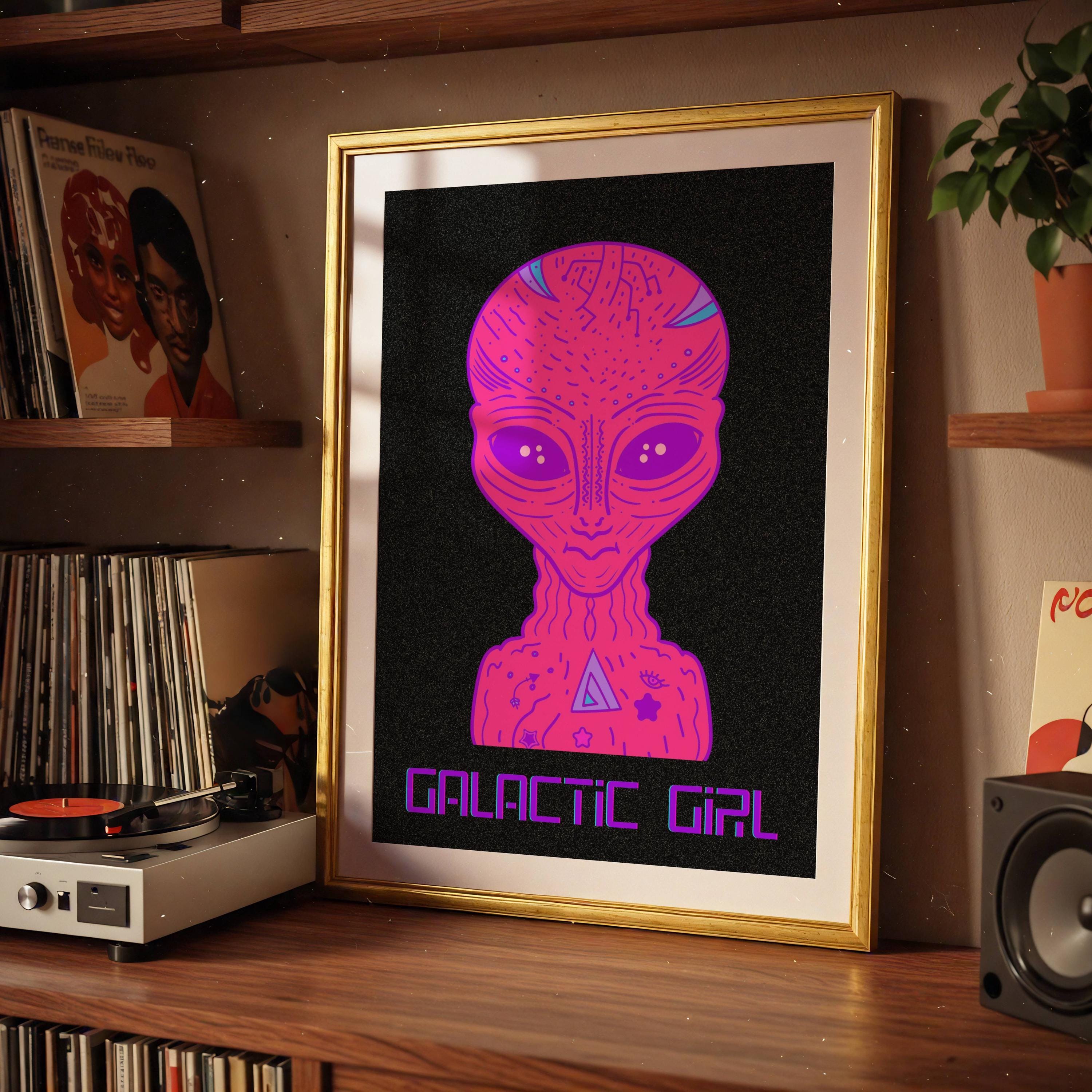 Galactic Girl Printable Poster, Neon Pink Alien Poster, Starry Galaxy ...