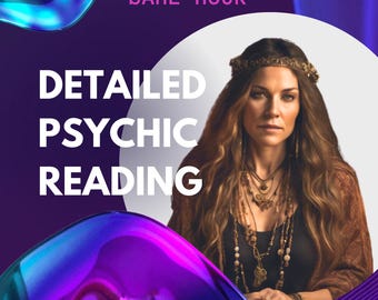 May include: A woman with long brown hair wearing a crown and multiple necklaces, against a purple background with blue and purple abstract shapes. The text "DETAILED PSYCHIC READING" is in white letters and the text "SAME HOUR" is in pink letters. The text "ELARA MOONSHADOW" is in white letters at the bottom of the image.