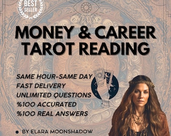 May include: A tarot card reading service for money and career advice. The image features a woman with a crown of flowers, tarot cards, and the text "MONEY & CAREER TAROT READING".
