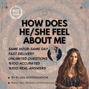 Puede incluir: Un anuncio para un servicio de lectura de cartas del tarot que ofrece entrega el mismo día y a la misma hora, preguntas ilimitadas y respuestas 100% precisas y reales. El anuncio presenta a una mujer con cabello largo y castaño que lleva un collar de cuentas y una corona de flores. El texto "¿Cómo se siente él/ella por mí?" se muestra en letras grandes y en negrita.