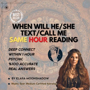 以下が含まれることがあります： タロットカードのデジタルイラストで、背景には女性がいます。テキストには、「彼はいつ私にテキストメッセージを送ったり、電話をかけてきたりするのでしょうか？ 同じ時間のリーディング 深い繋がり 1時間以内 サイキック 100% 正確な回答 エララ・ムーンシャドウによる ミスティック・シーア・ミディアム 認定占星術師」と書いてあります。