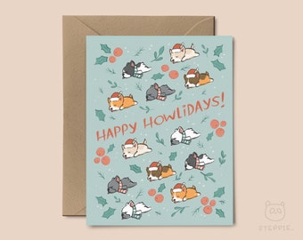 Schlafende Welpen Weihnachtskarte (mixed), Hunde-Urlaubskarte | Happy Howlidays | Corgis, französische Bulldogge