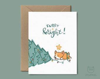 Corgis Weihnachtskarte (Orange), Hunde Weihnachtskarte | Furry & Bright Grußkarte