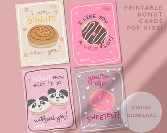 Printable Donut Themed Valentine's Day Kid Cards, Set of 4 Designs | Instant Downloadable PDF, Ready to Print | Collab with CA Donuts