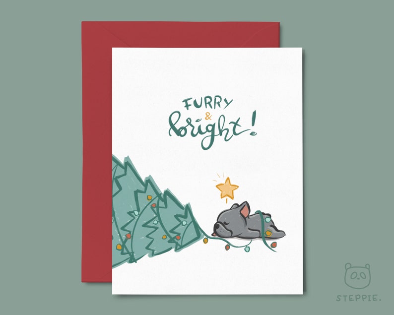 French Bulldog Christmas Card Grey, Dog Holiday Card Furry & Bright Greeting Card image 1