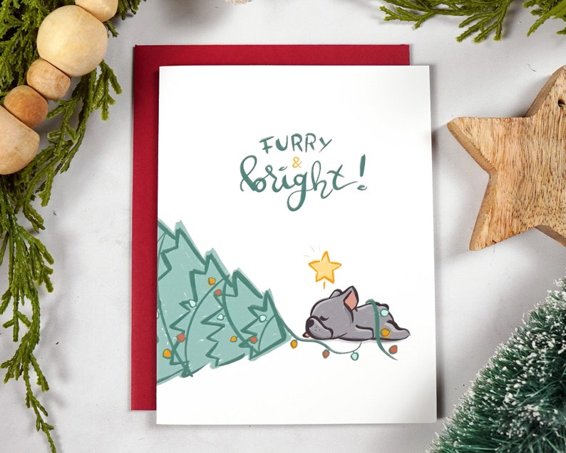 French Bulldog Christmas Card Grey, Dog Holiday Card Furry & Bright Greeting Card image 2