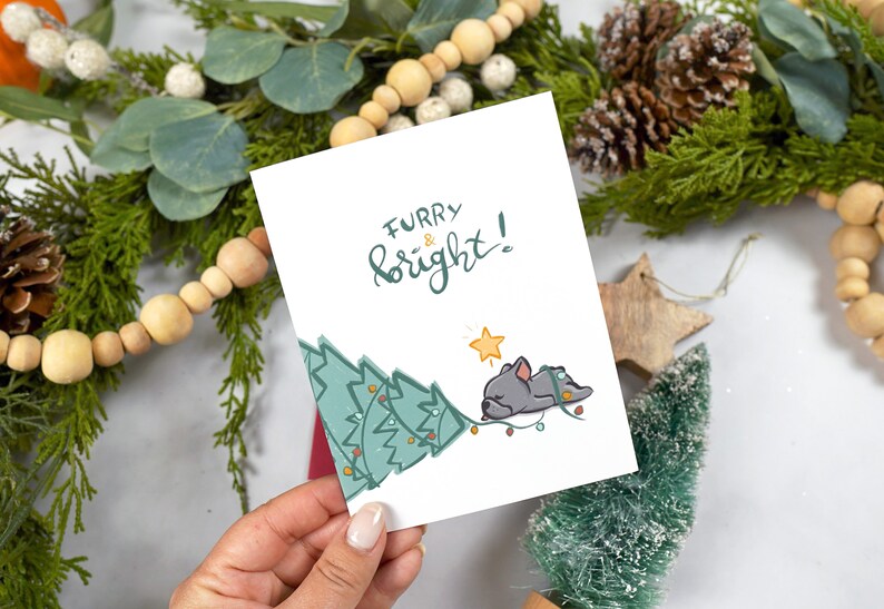 French Bulldog Christmas Card Grey, Dog Holiday Card Furry & Bright Greeting Card image 3