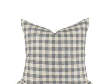 Hand Woven Gray Gingham Linen Pillow Cover: Brass Zipper